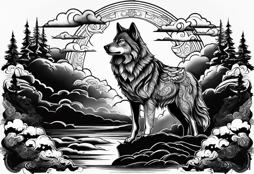 Wolf moon cross clouds tattoo idea