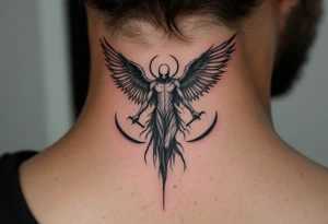 A faceless death angel levitating with twin crescent scythes, its wings torn yet powerful. tattoo idea