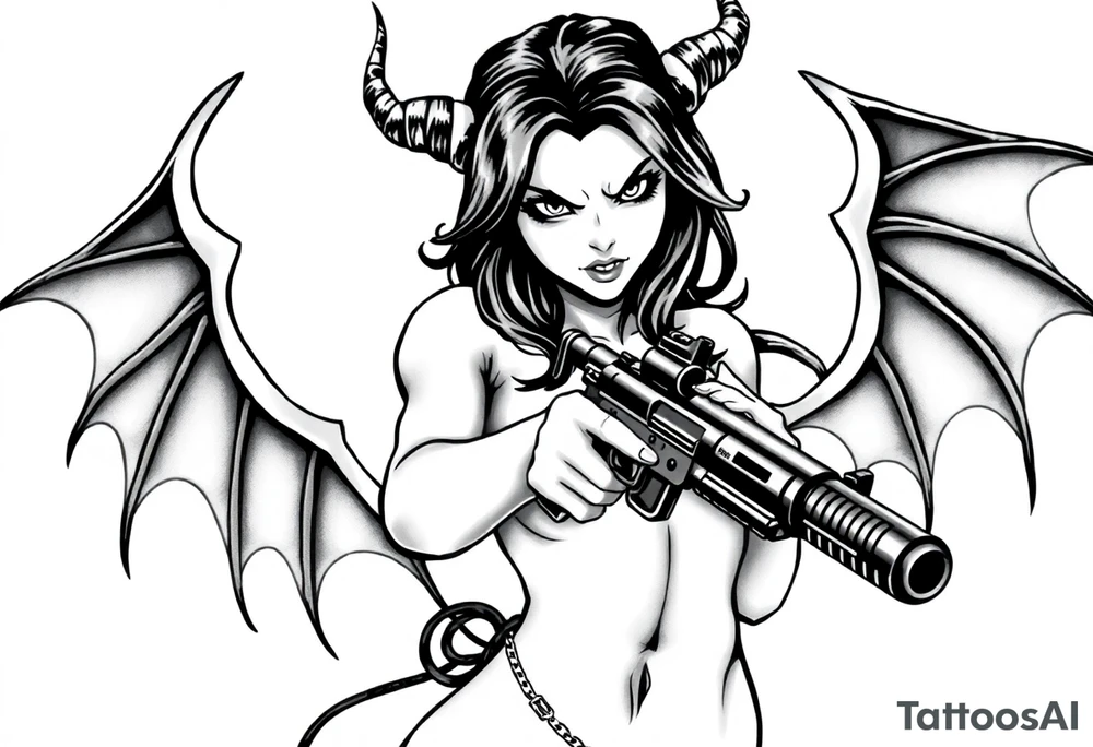 angry succubus holding gun, anime tattoo idea