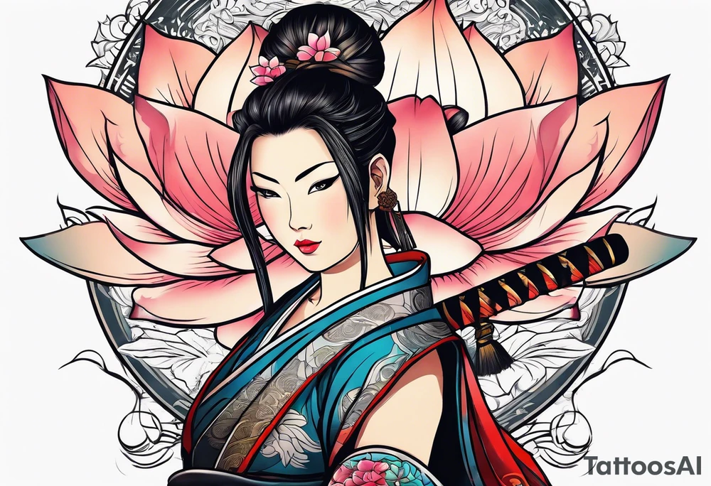 Japanese woman samurai swords lotus flowers neotribal tattoo idea