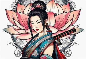 Japanese woman samurai swords lotus flowers neotribal tattoo idea