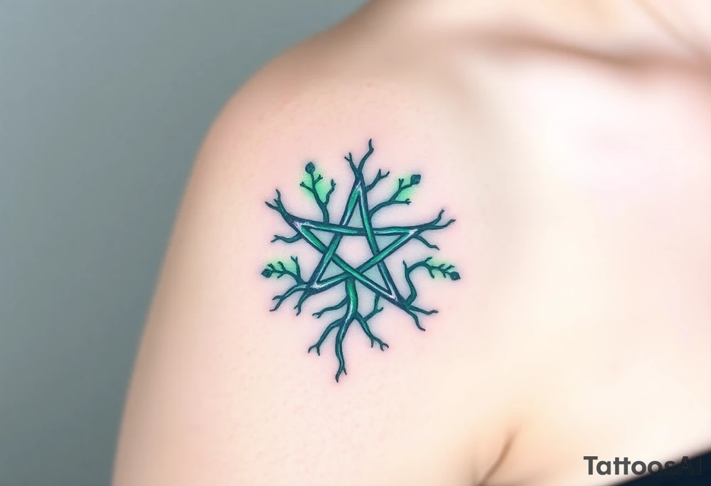 A nature-inspired pentagram made of twisted roots, with glowing green veins pulsing with life. tattoo idea