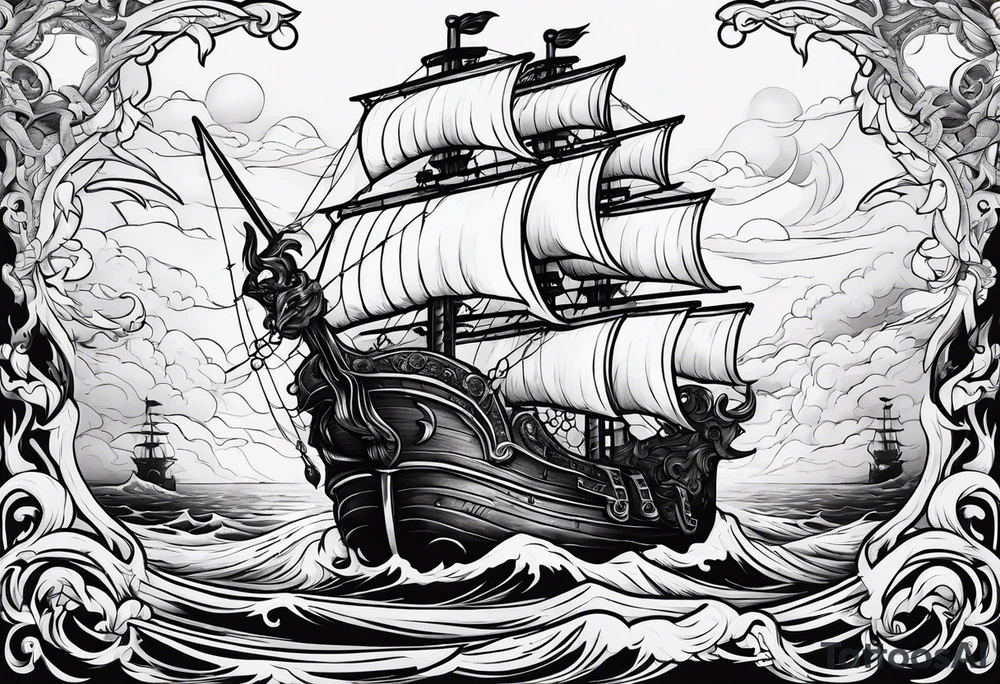 Satan on a pirate ship sailing a sea of souls tattoo idea