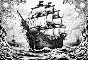 Satan on a pirate ship sailing a sea of souls tattoo idea