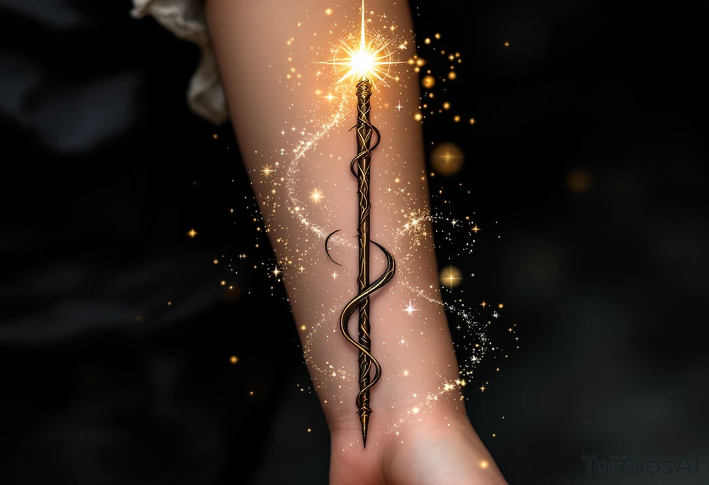 The Elder Wand extended vertically, surrounded by swirling gold and silver sparkles, representing its immense power. The wand’s wood and finish are in deep brown with golden accents, with magic emanating from the tip. tattoo idea