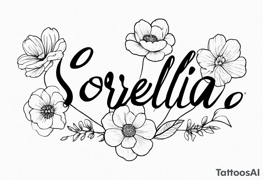 sister tattoo with october and september birth flowers with the word sorella a straight line cursive font connecting the word to the stems of the flowers tattoo idea