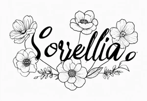 sister tattoo with october and september birth flowers with the word sorella a straight line cursive font connecting the word to the stems of the flowers tattoo idea