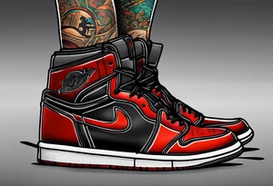 Can you show me a leg sleeve tattoo with The Atlanta A with the city behind it and a pair of Jordan 1’s hanging on a line on top the city tattoo idea