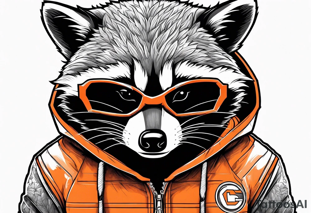 Raccoon wearing an orange Superman hoodie tattoo idea