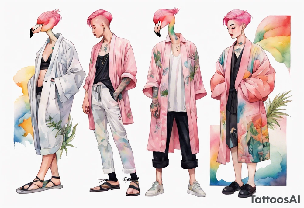 an androgynous person with pink hair and a rainbow robe standing next to a flamingo tattoo idea