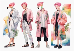 an androgynous person with pink hair and a rainbow robe standing next to a flamingo tattoo idea