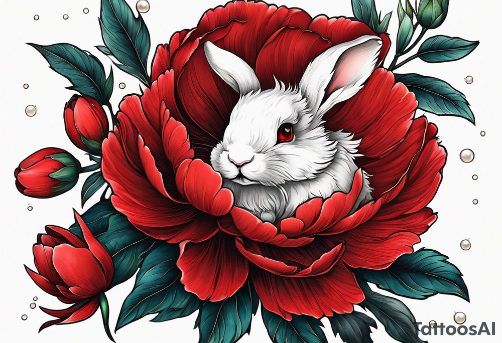 Red peony with dandling pearls and bunny tattoo idea