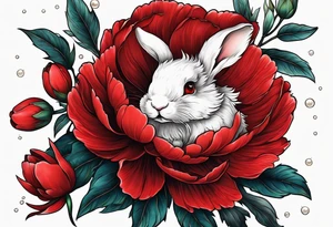 Red peony with dandling pearls and bunny tattoo idea