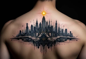 A futuristic city skyline in deep shades of gray and navy blue, with a single bright gold star shining above, symbolizing hope in a dystopian world. tattoo idea