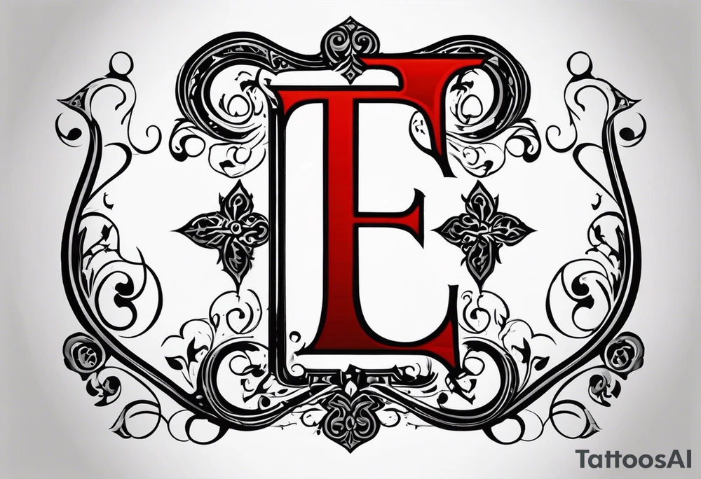 letter "T" in old english style, red and black colors only, 4k resolution, high quality tattoo idea