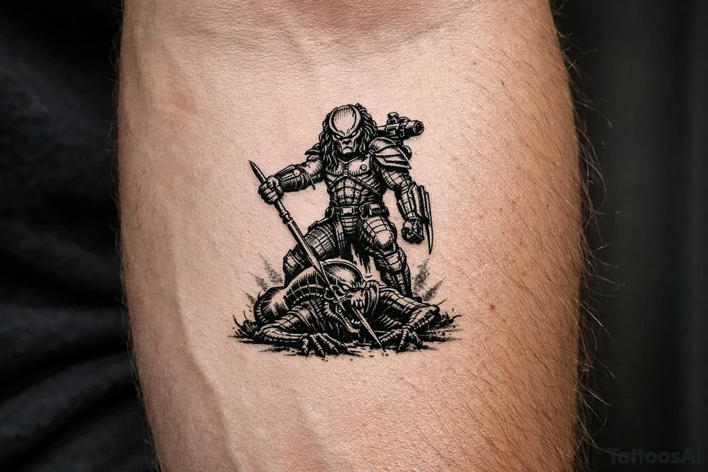 predator killing an alien, alien is crawling from the ground, predator stands tall driving his spear through the xeno's head with his right arm. predator is proud, add his laser gun on his left  shoulder pointing at the alien, and his left forearm has the 2 fangs that comes out of it as standard on predator pictures tattoo idea