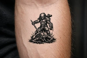 predator killing an alien, alien is crawling from the ground, predator stands tall driving his spear through the xeno's head with his right arm. predator is proud, add his laser gun on his left  shoulder pointing at the alien, and his left forearm has the 2 fangs that comes out of it as standard on predator pictures tattoo idea