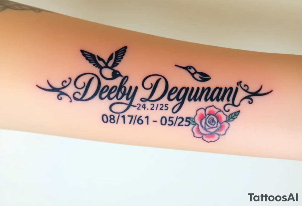 Tattoo of the name Debby Deguzman in chunky bold curly cursive with the exact dates of 08/17/61-05/29/25 surrounded by 1 hummingbird and 1 rose tattoo idea