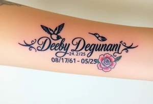 Tattoo of the name Debby Deguzman in chunky bold curly cursive with the exact dates of 08/17/61-05/29/25 surrounded by 1 hummingbird and 1 rose tattoo idea