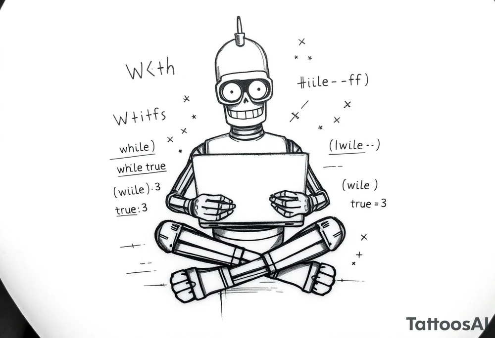 Sketch style tattoo of a robot inspired by Bender from Futurama, sitting cross-legged with a laptop on his lap. Around him are rough, hand-drawn programming symbols like angle brackets, curly braces, and snippets of messy code like 'while (true) {}'. Add sketchy energy lines or sparks, as if he's deeply focused. Black ink only, rough pencil-drawing aesthetic. Designed for shoulder placement tattoo idea