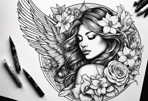 fallen angel with head down and face covered by her hair with sagging broken wings surrounded by lily, daffodil, rose, daisy, narcissus holding a hummingbird tattoo idea
