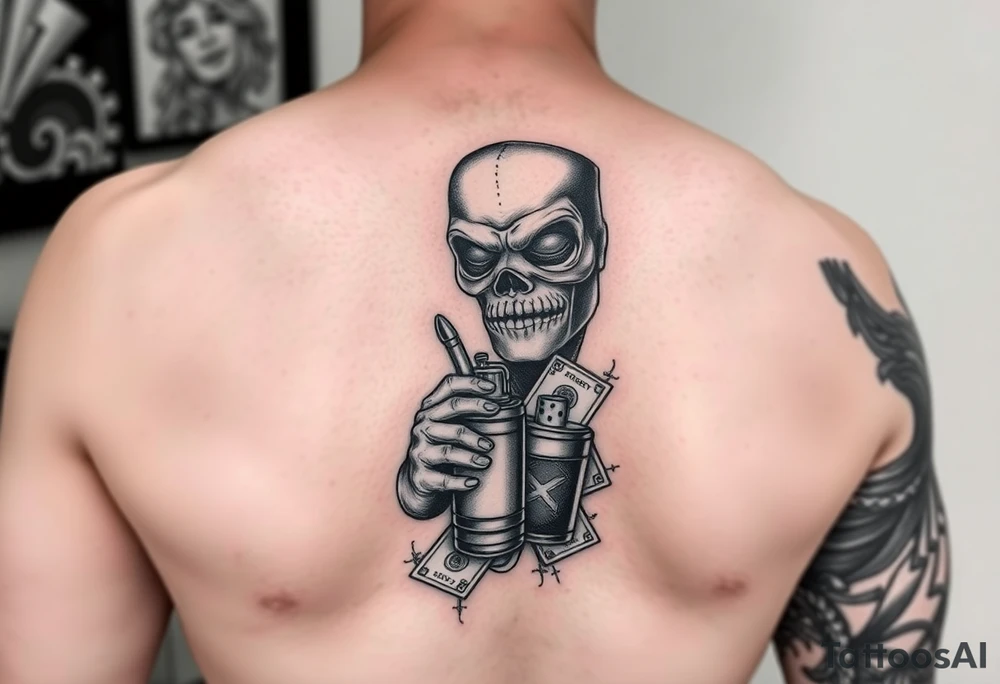 Full arm sleave tattoo Casino, train, mask, whiskey, ciggerette, lighter, money tattoo idea