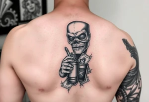 Full arm sleave tattoo Casino, train, mask, whiskey, ciggerette, lighter, money tattoo idea