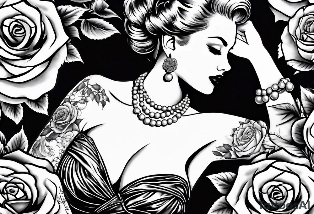 Pearl necklace wrapped around 1950s pinup pumps with roses surrounding tattoo idea