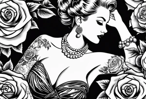 Pearl necklace wrapped around 1950s pinup pumps with roses surrounding tattoo idea
