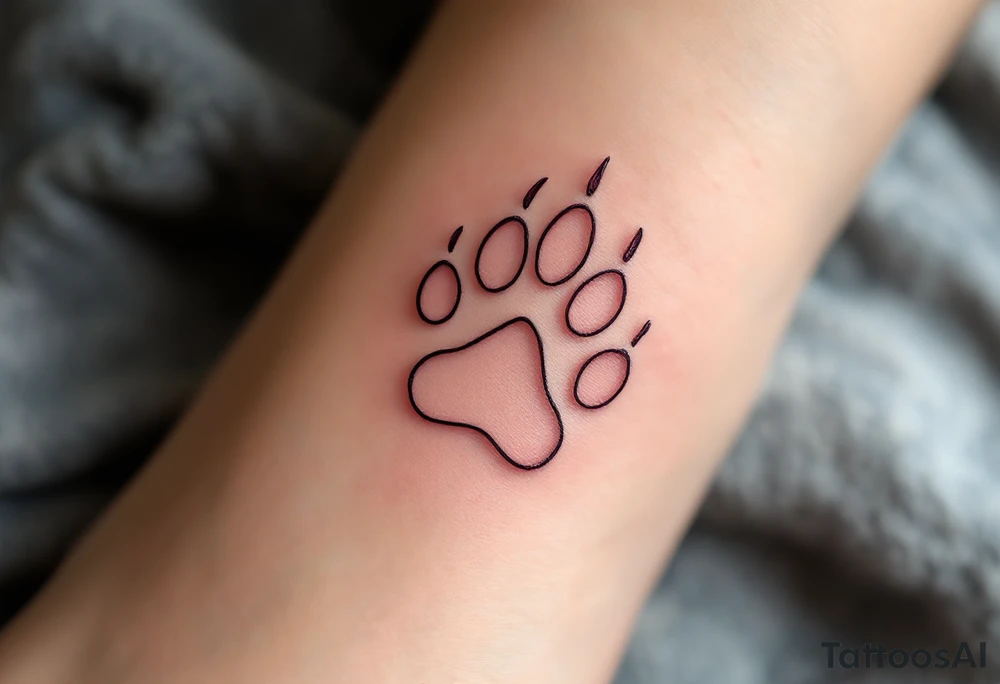 A single delicate paw outlined in pink, placed near the heart or wrist, elegant and minimal. tattoo idea