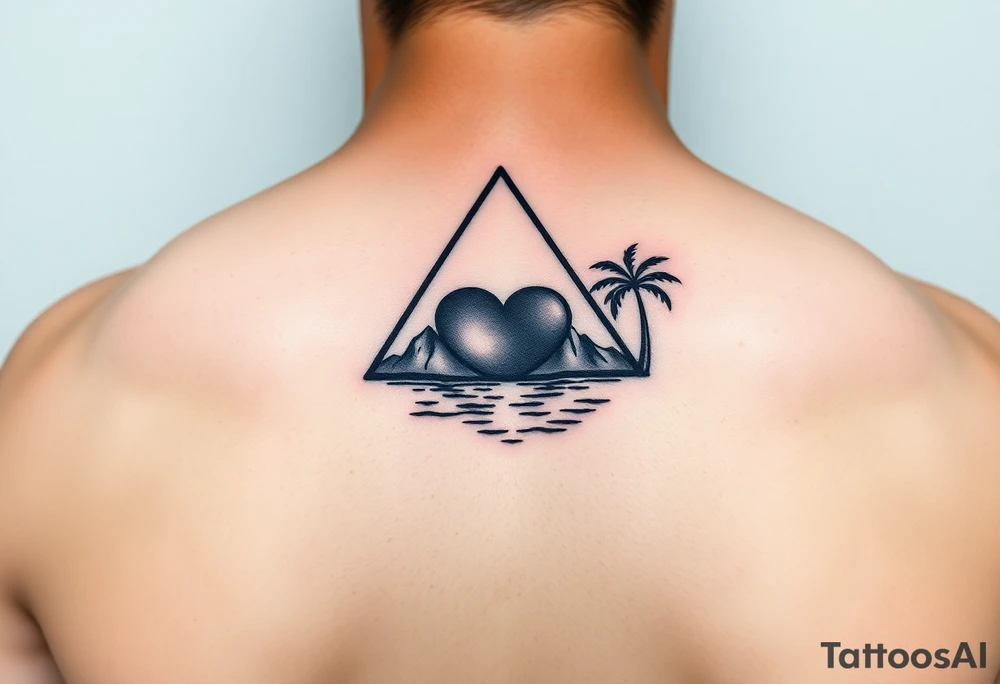 A single triangle with a heart in the center with mountains, ocean with palm trees in background tattoo idea