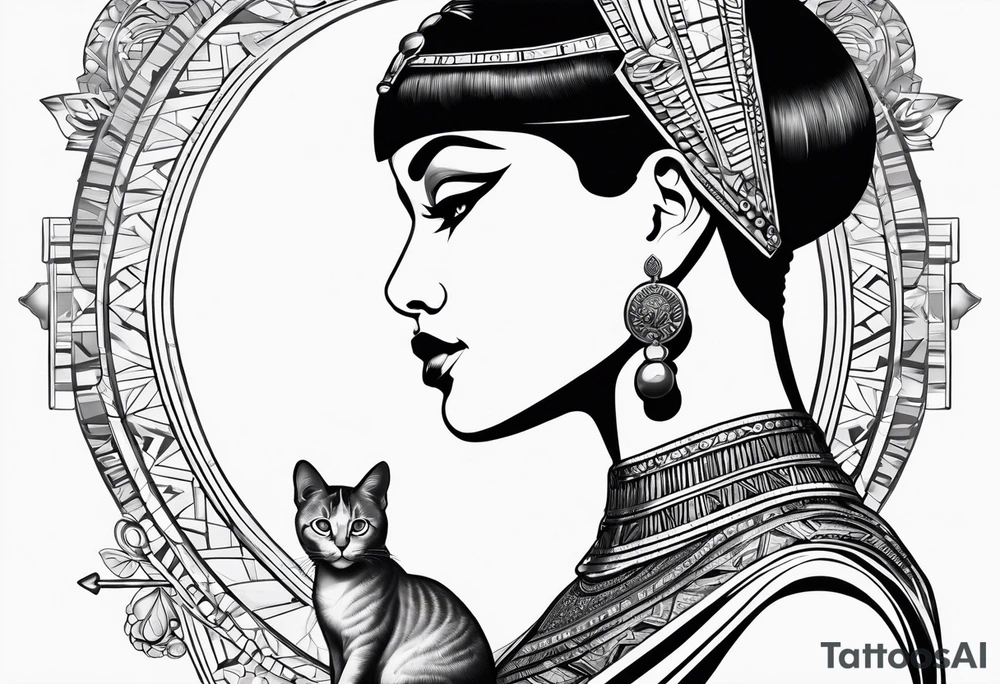 Side profile of cleopatra with short hair and cat tattoo idea