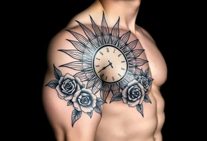 Shoulder sun with rays with a clock on elbows with roses tattoo idea