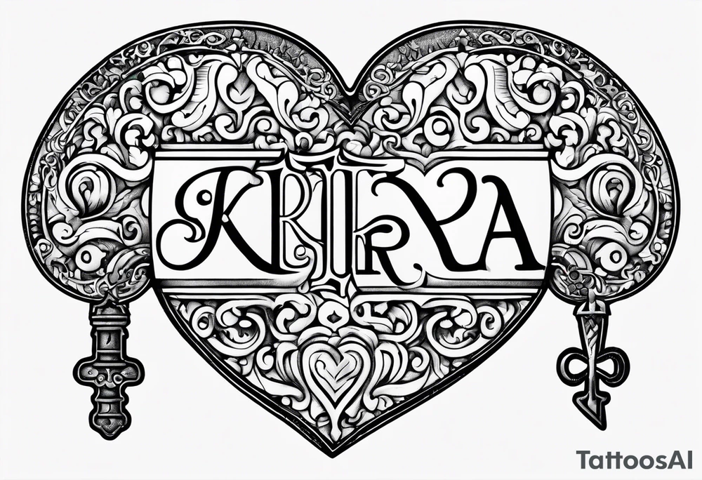 The word KEYRA made as a heart shaped antique key with the two teeth being the alphabetical letter RA tattoo idea