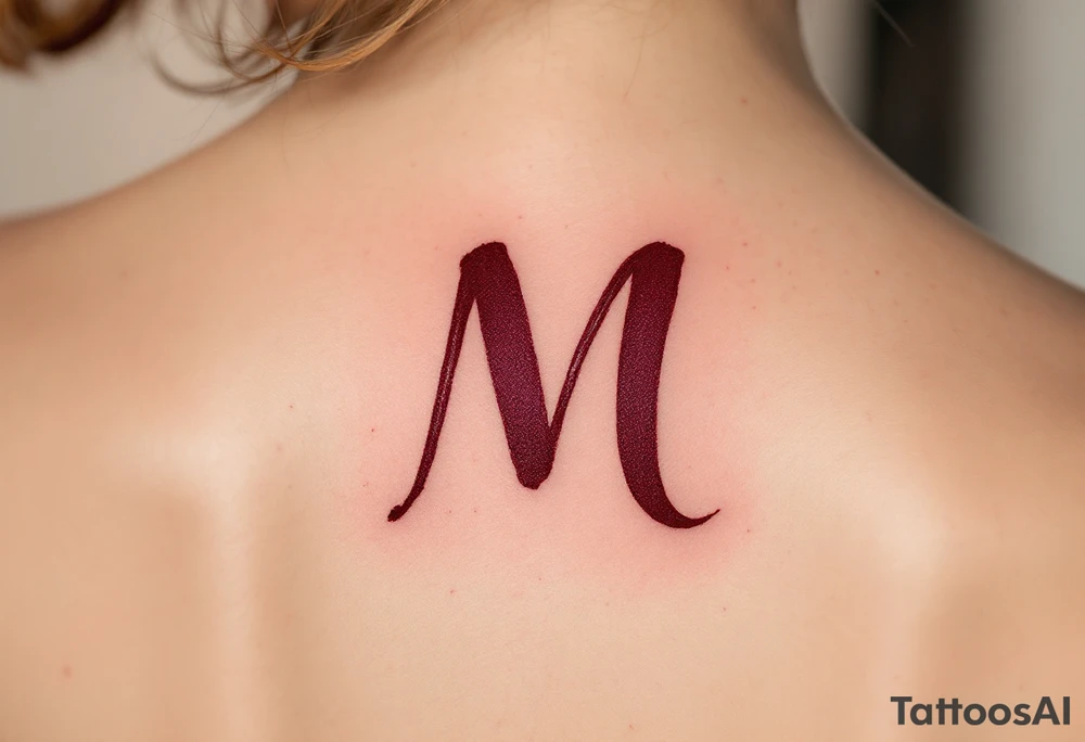 A brush-style "M" in burgundy red, looking bold and spontaneous. tattoo idea