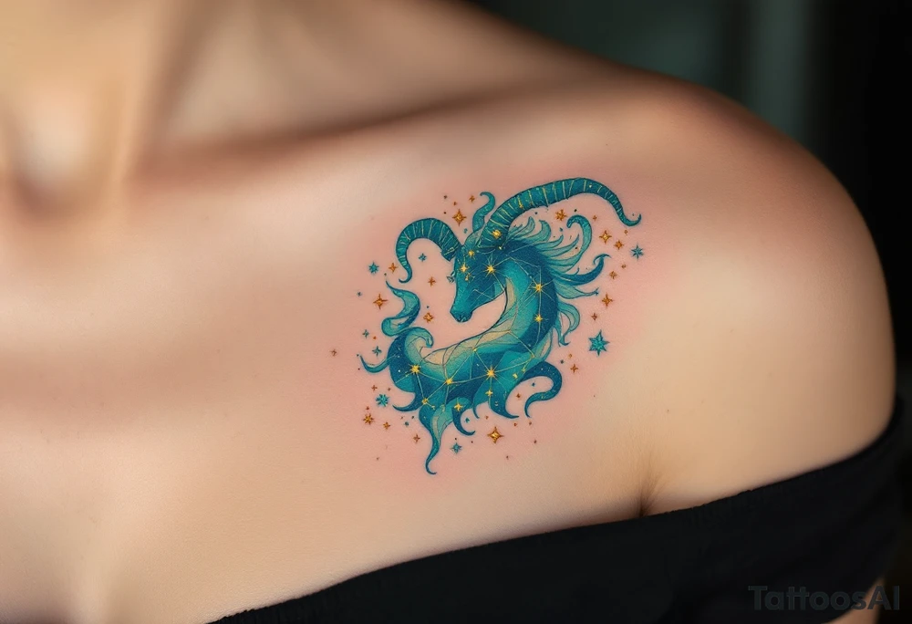 This Capricorn star constellation tattoo blends golden dots and teal lines for a cosmic, earth-meets-sky vibe captures zodiac’s essence. tattoo idea