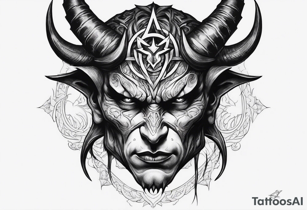 Devil face with a phyrexian symbol on the forehead tattoo idea