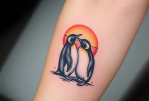 Penguins cuddling looking at a sunset tattoo idea