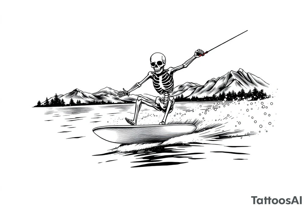 skeleton wakeboarding on lake, holding onto waterspouts rope handle with one hand, mountains in the background tattoo idea