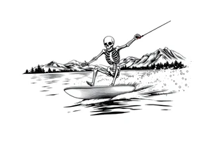 skeleton wakeboarding on lake, holding onto waterspouts rope handle with one hand, mountains in the background tattoo idea