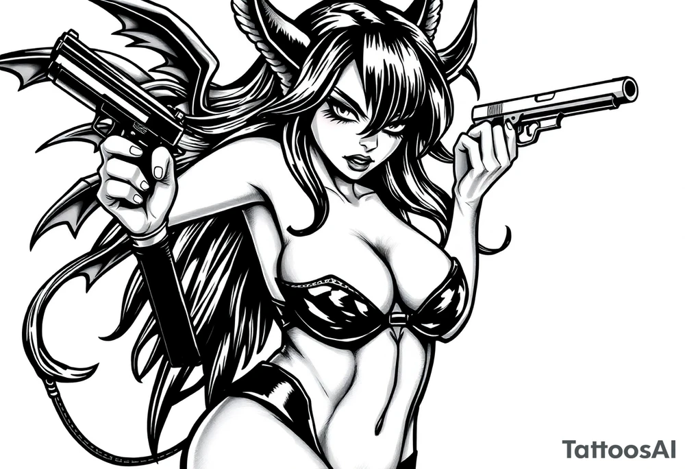 succubus, slut, holding gun, black, leather bikini, angry tattoo idea