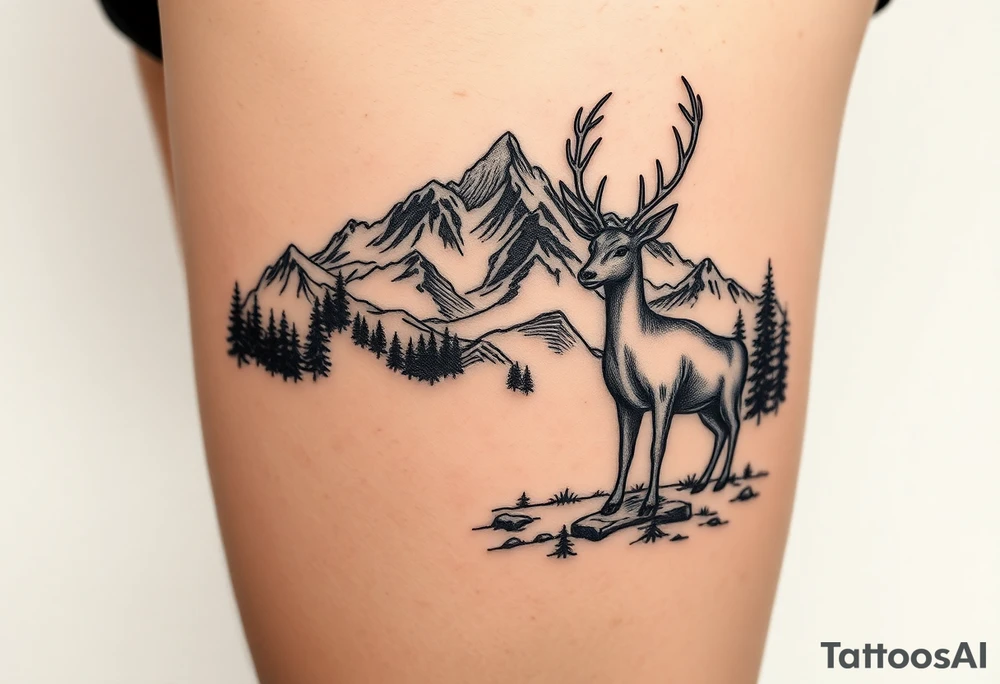 Polish mountain range called Tatry with deer with a lot of detail tattoo idea