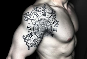 vintage roman numerals within ornate clockwork mechanism tattoo idea
