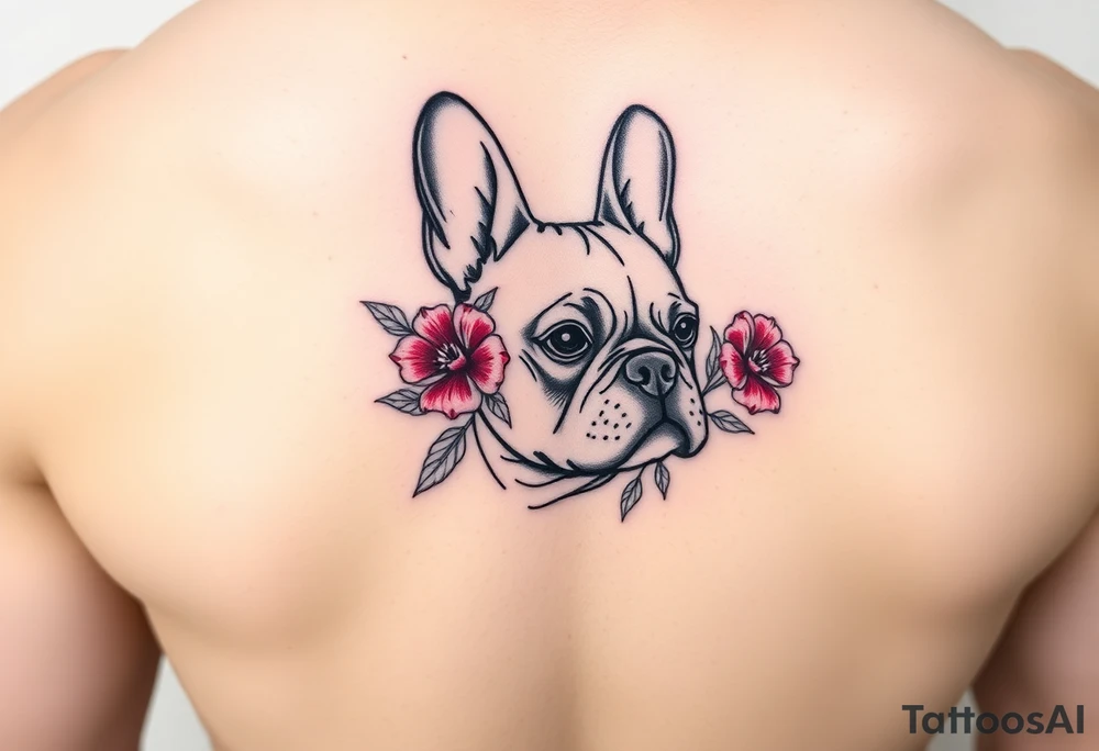 French bulldog, feminine ruby color flowers tattoo idea
