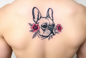 French bulldog, feminine ruby color flowers tattoo idea
