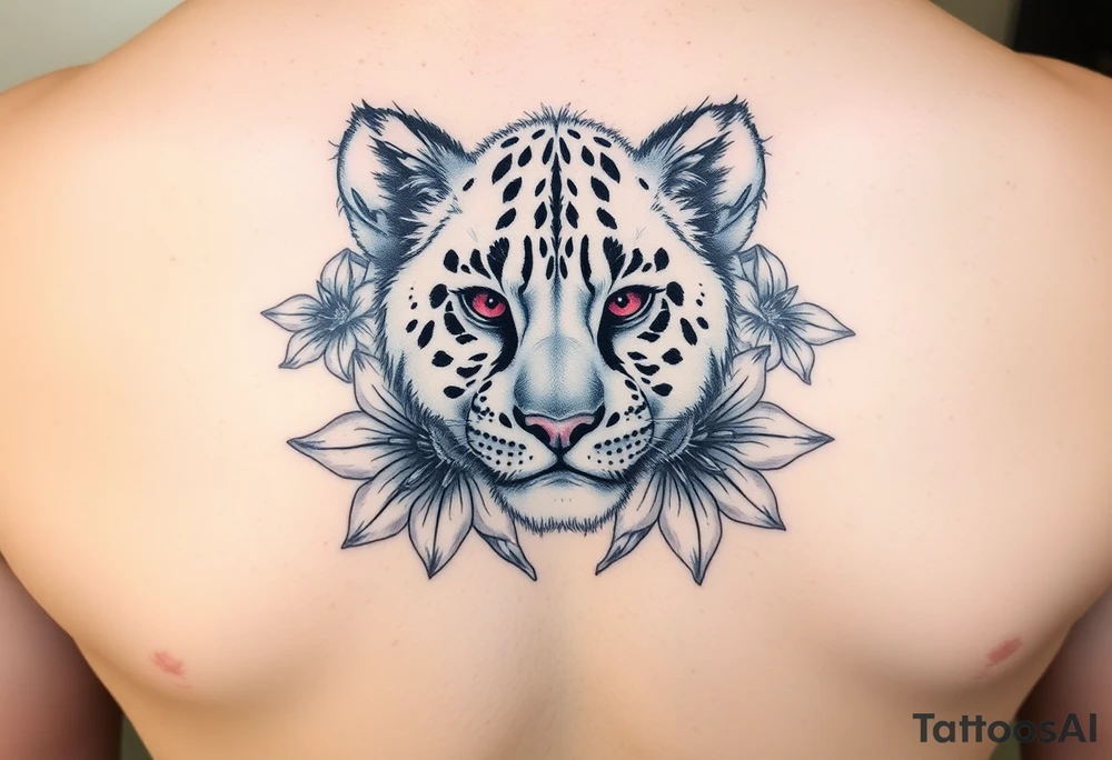 Female lion baby with ruby eyes and tiger lillies around tattoo idea