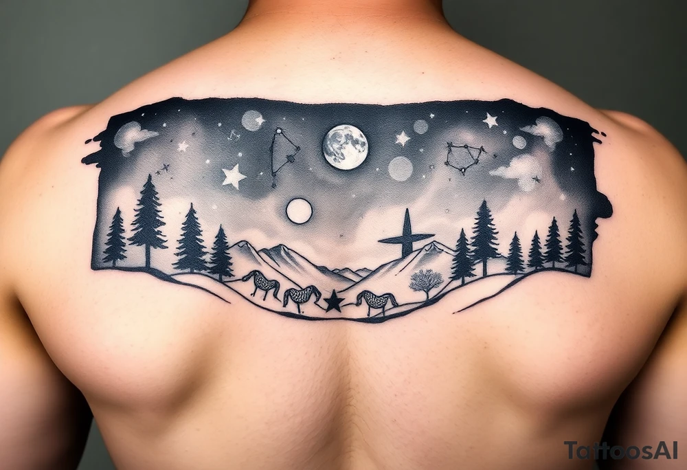 Night sky with a constellations, stars and moon seen through a frame of natural landscape tattoo idea