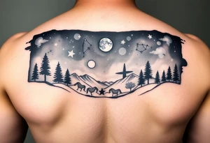 Night sky with a constellations, stars and moon seen through a frame of natural landscape tattoo idea
