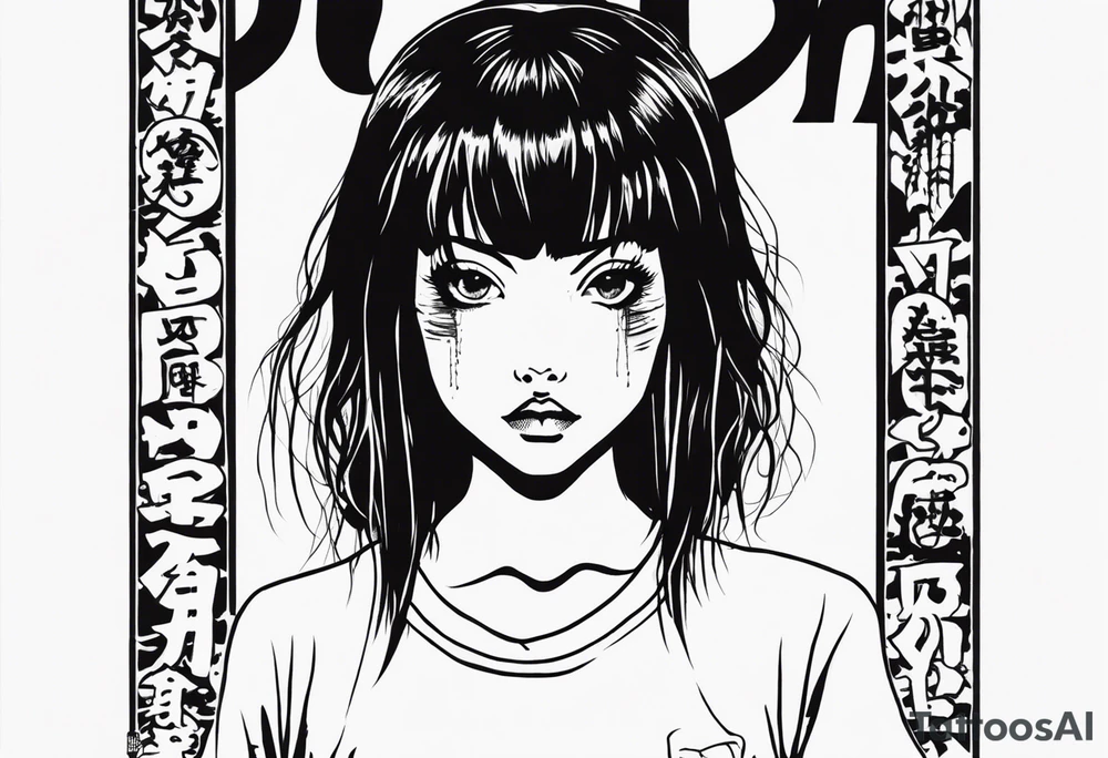 portrait of tomie standing up a character by the horror manga author junji ito full body standing murderously. add more horror and gore elements tattoo idea