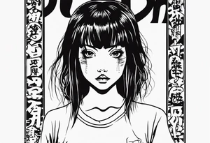 portrait of tomie standing up a character by the horror manga author junji ito full body standing murderously. add more horror and gore elements tattoo idea